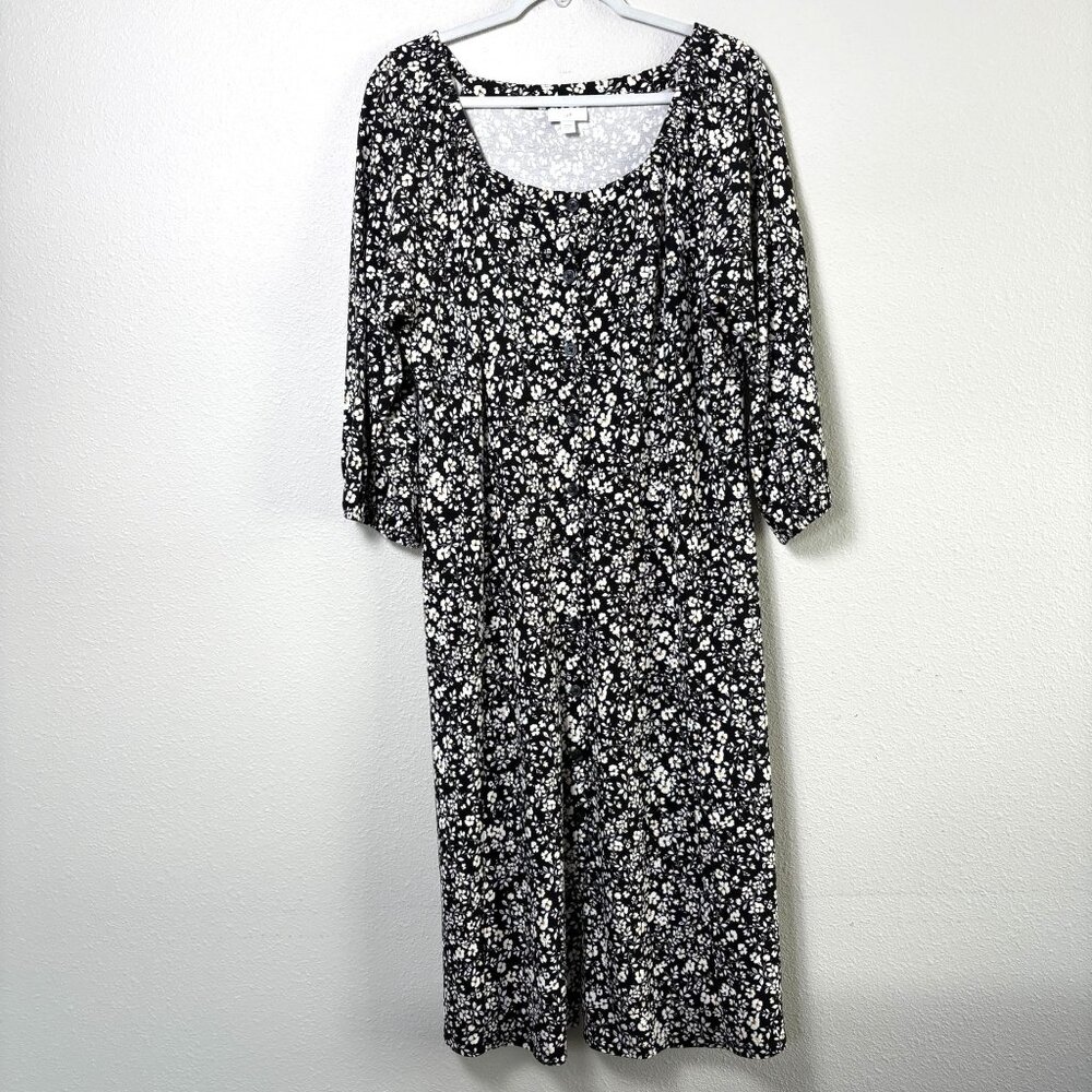 J Jill Midi Dress Size L Black White Floral Button Front 3/4 Sleeve‎ Cottage